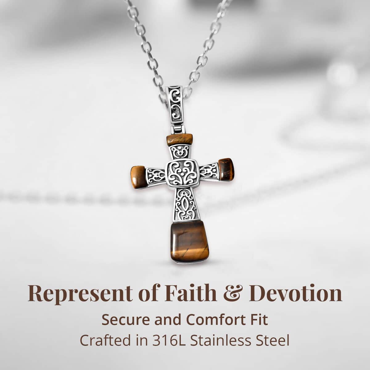 Yellow Tiger's Eye Inlay Cross Pendant Necklace 20 Inches in Stainless Steel 12.10 ctw image number 3