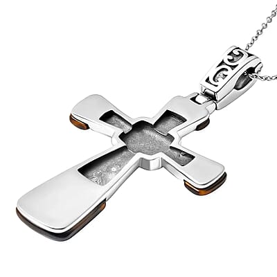 Yellow Tiger's Eye Inlay Cross Pendant Necklace 20 Inches in Stainless Steel 12.10 ctw