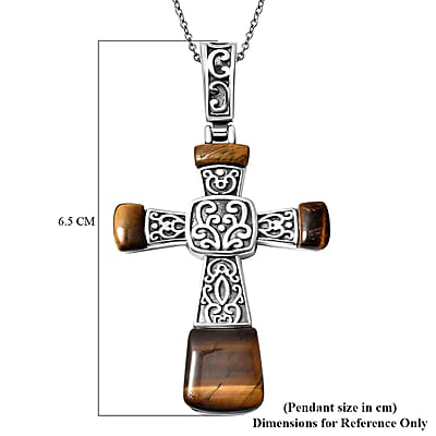 Yellow Tiger's Eye Inlay Cross Pendant Necklace 20 Inches in Stainless Steel 12.10 ctw