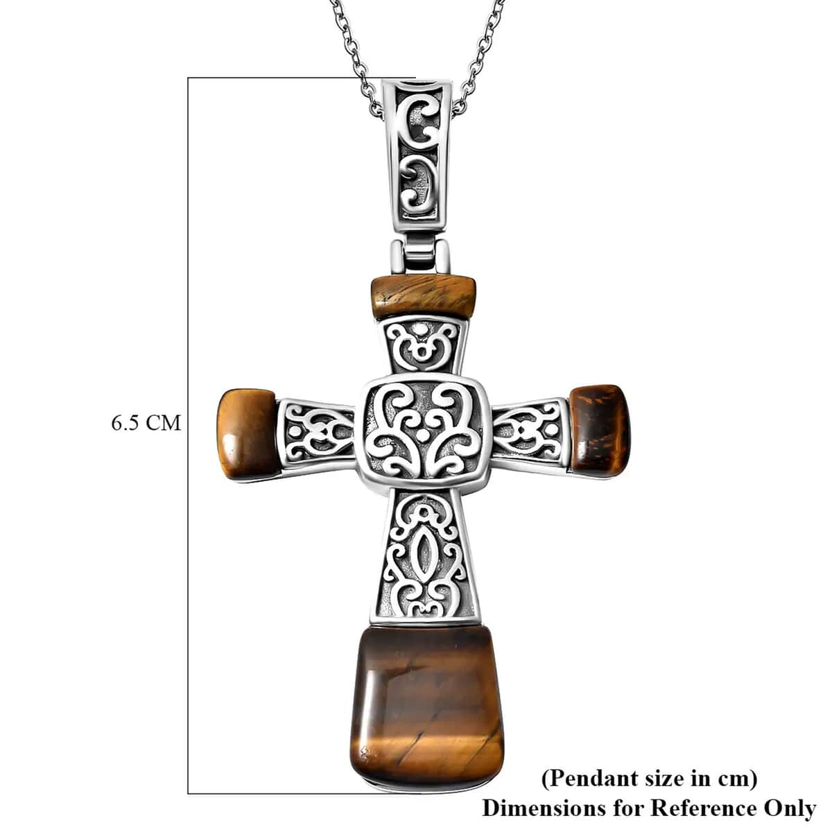 Yellow Tiger's Eye Inlay Cross Pendant Necklace 20 Inches in Stainless Steel 12.10 ctw image number 6