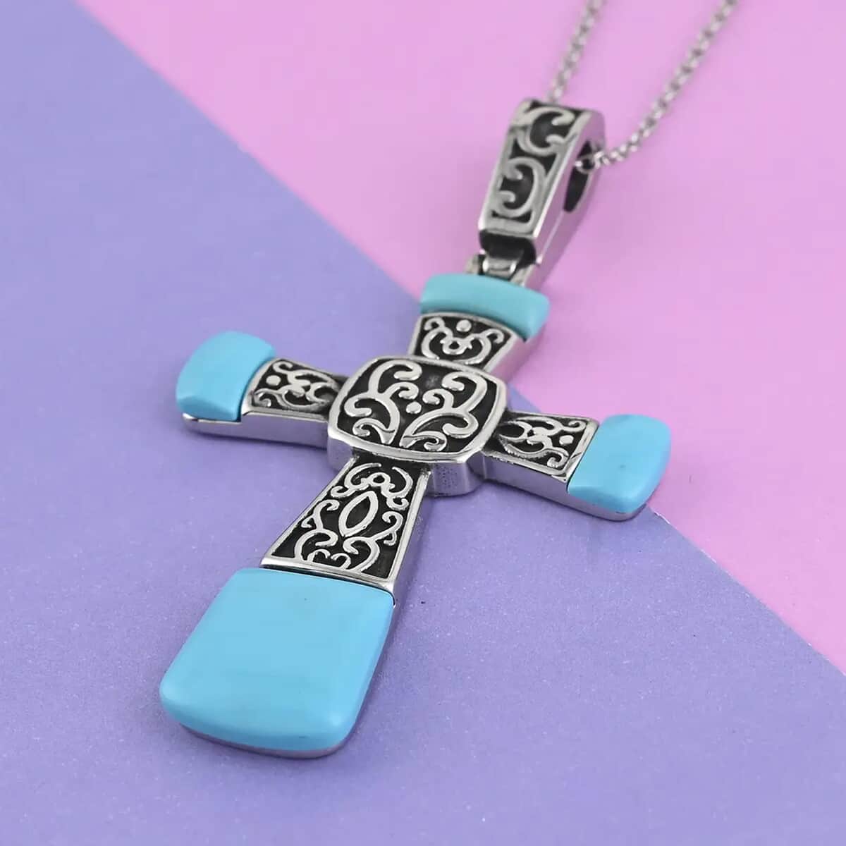 Coral Cross Pendant Necklace 20 Inches in Stainless Steel 7.10 ctw image number 1