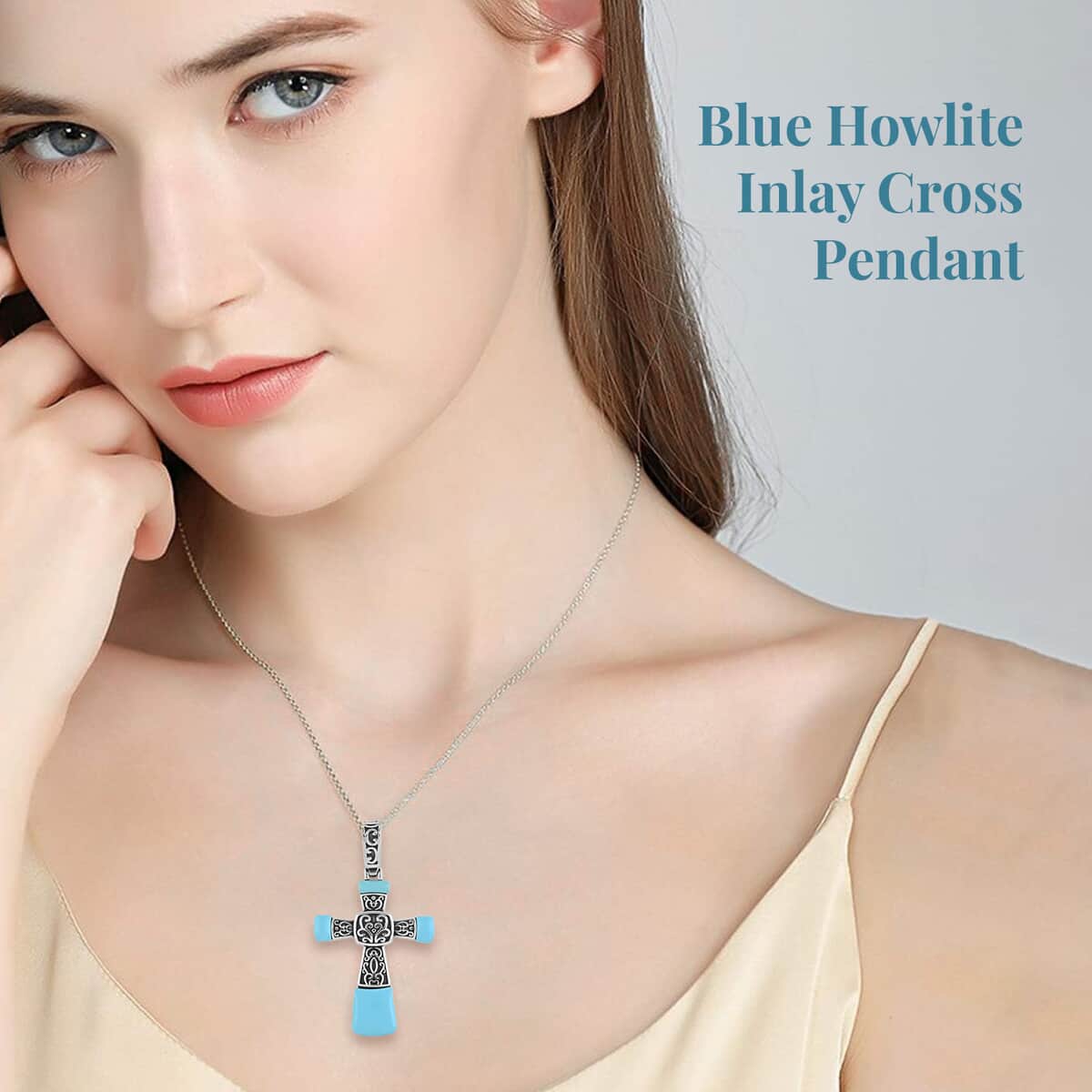 Blue Howlite Inlay Cross Pendant Necklace 20 Inches in Stainless Steel 12.10 ctw image number 2