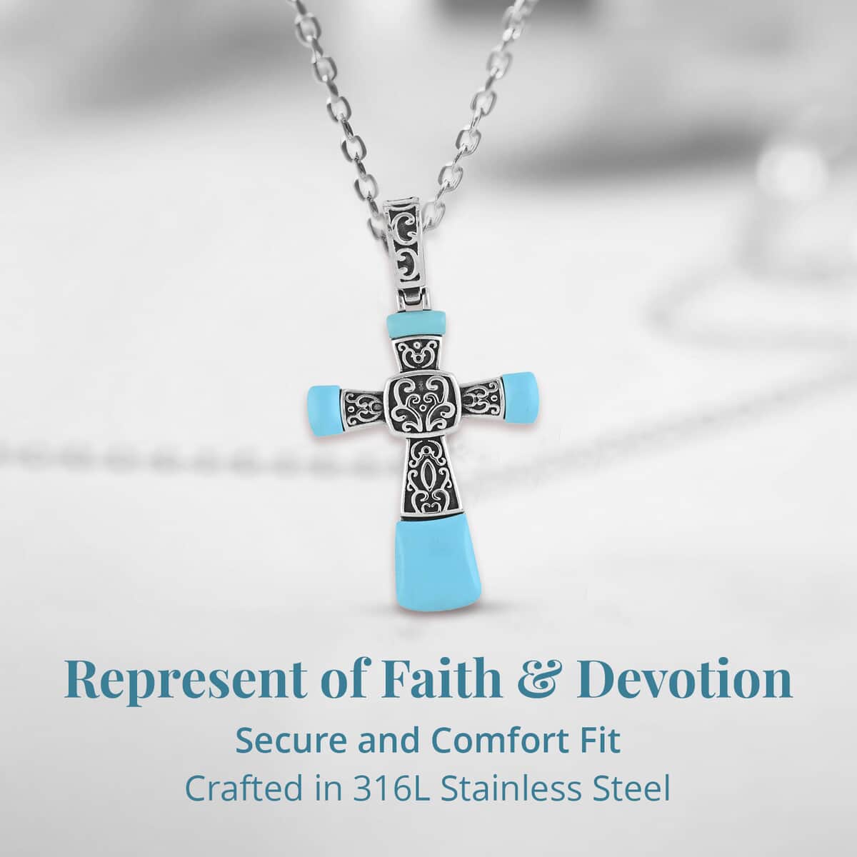 Blue Howlite Inlay Cross Pendant Necklace 20 Inches in Stainless Steel 12.10 ctw image number 3