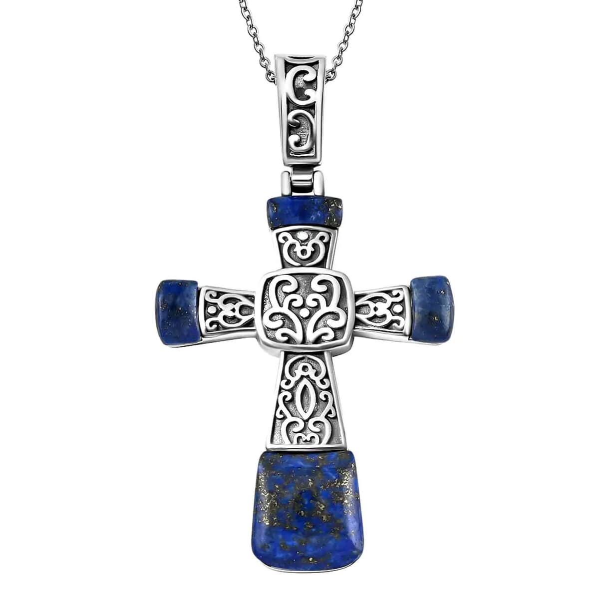 Lapis Lazuli Inlay Cross Pendant Necklace 20 Inches in Stainless Steel 14.00 ctw image number 0