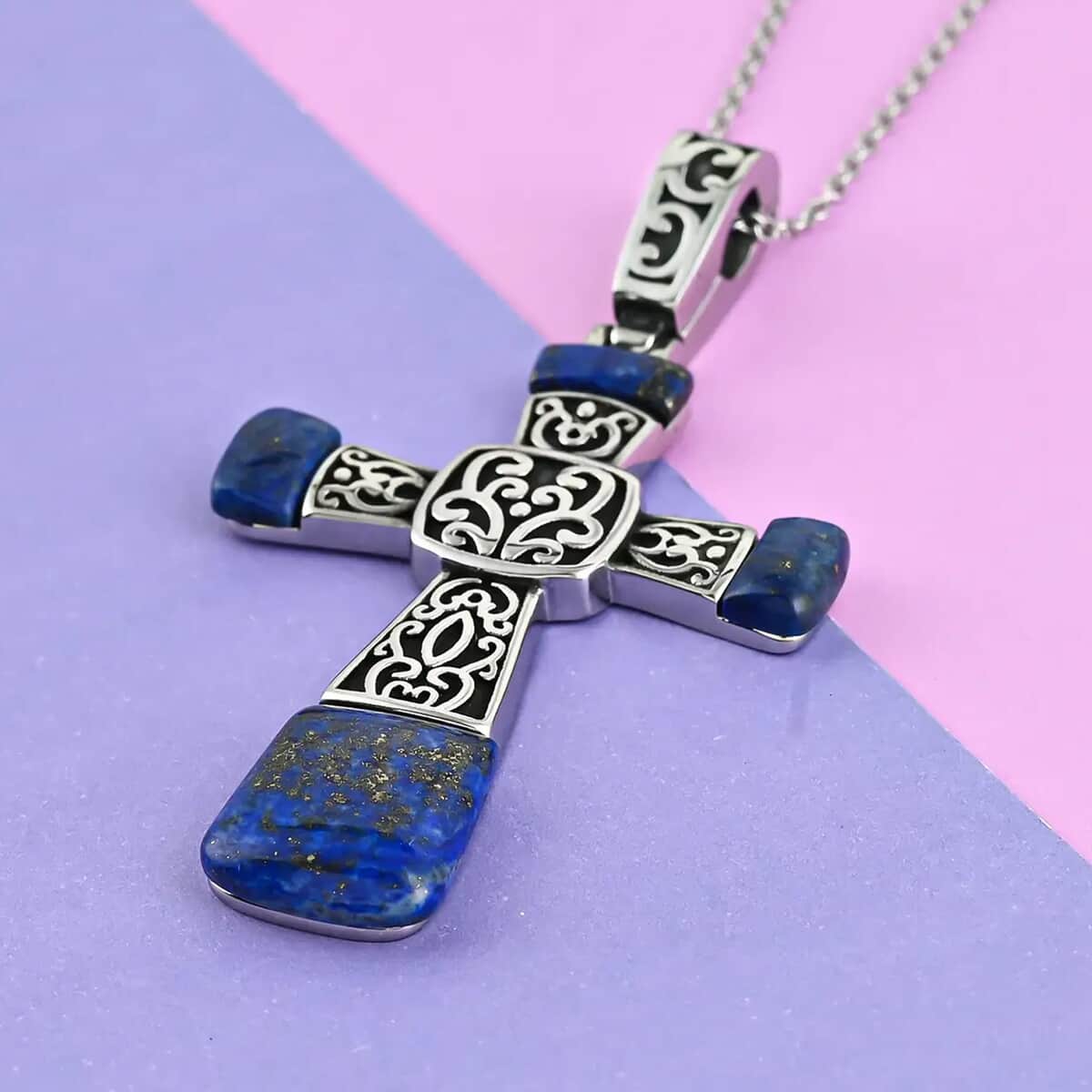Lapis Lazuli Inlay Cross Pendant Necklace 20 Inches in Stainless Steel 14.00 ctw image number 1