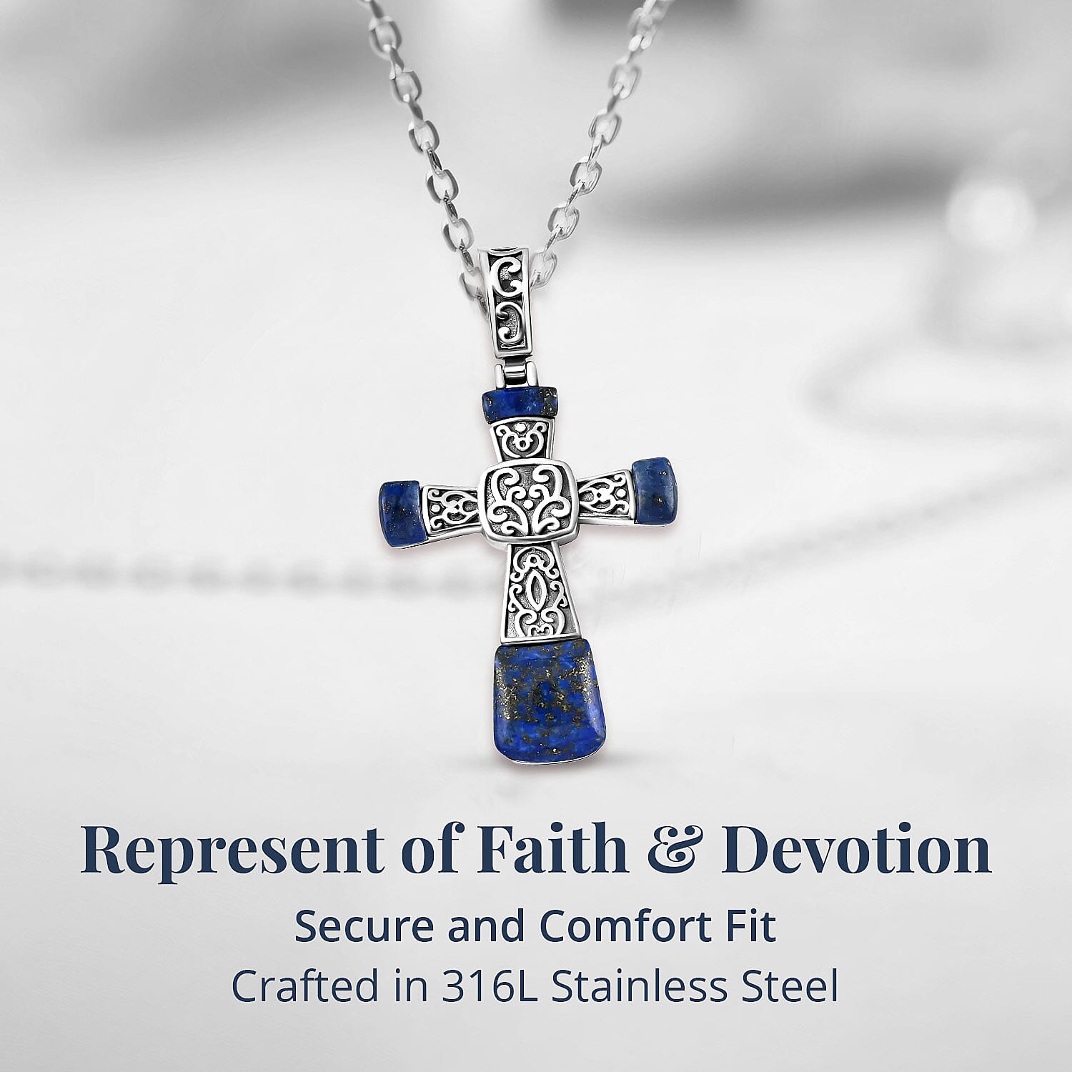 Lapis Lazuli Inlay Cross Pendant Necklace 20 Inches in Stainless Steel 14.00 ctw