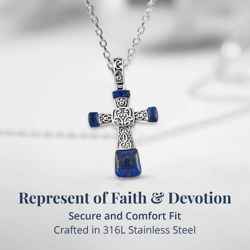 Lapis Lazuli Inlay Cross Pendant Necklace 20 Inches in Stainless Steel 14.00 ctw