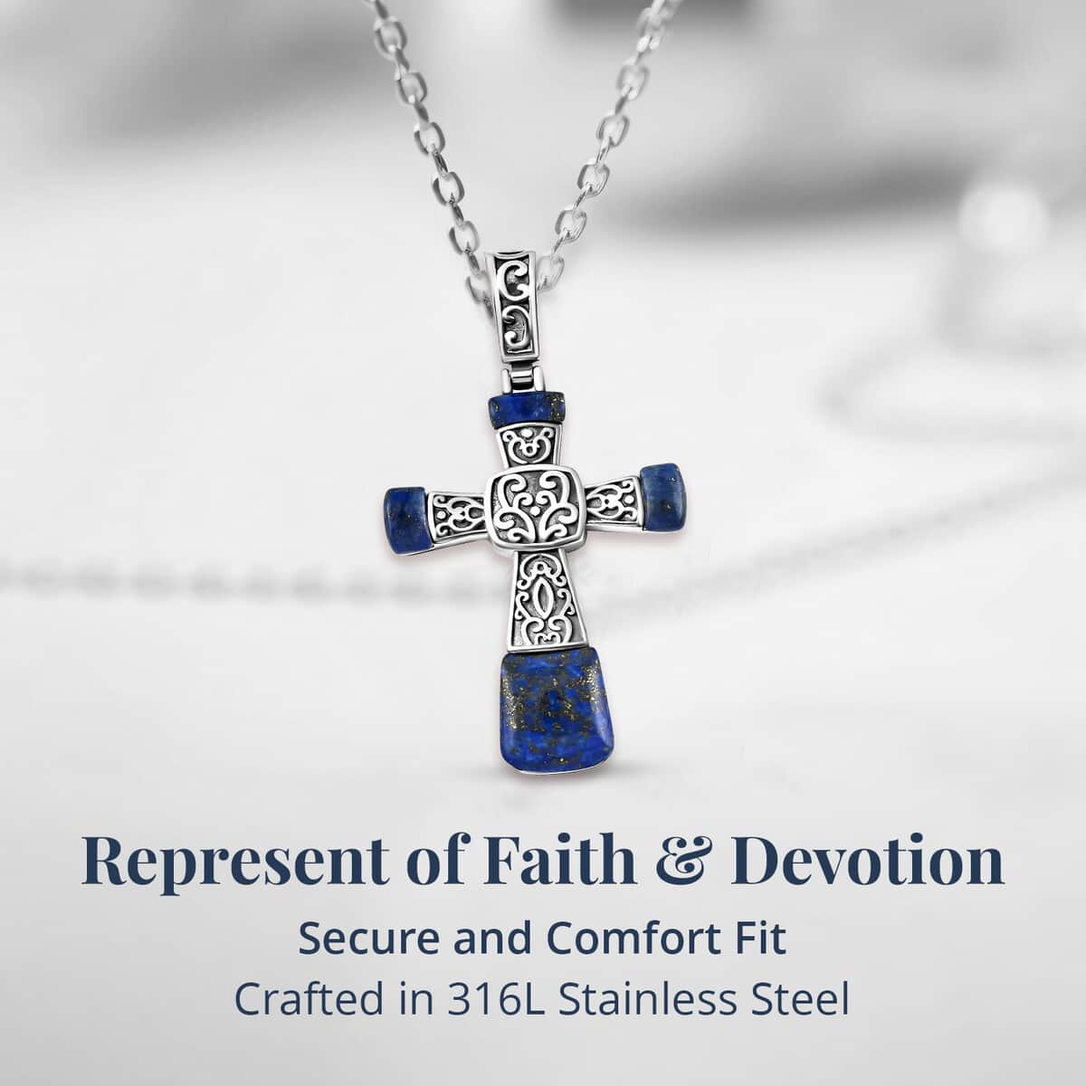 Lapis Lazuli Inlay Cross Pendant Necklace 20 Inches in Stainless Steel 14.00 ctw image number 3