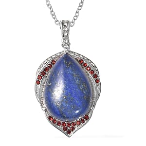 Lapis Lazuli, White and Red Austrian Crystal Pendant Necklace 20 Inches in Stainless Steel 17.25 ctw