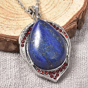 Lapis Lazuli, White and Red Austrian Crystal Pendant Necklace 20 Inches in Stainless Steel 17.25 ctw