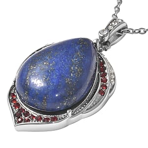 Lapis Lazuli, White and Red Austrian Crystal Pendant Necklace 20 Inches in Stainless Steel 17.25 ctw