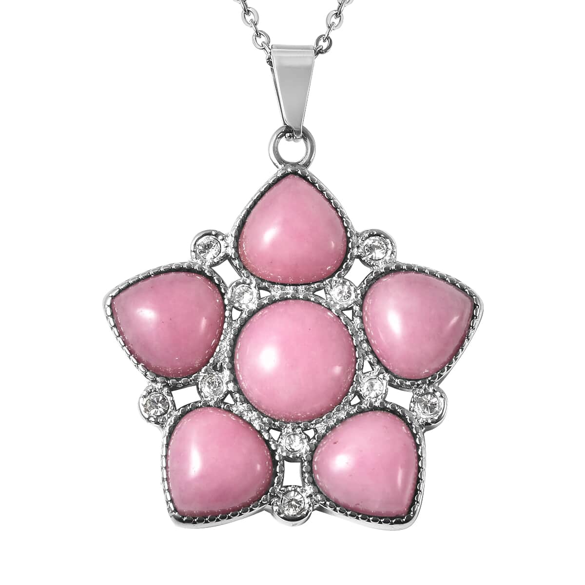 Galilea Rose Quartz and Austrian Crystal Floral Pendant Necklace 20 Inches in Stainless Steel 18.00 ctw image number 0