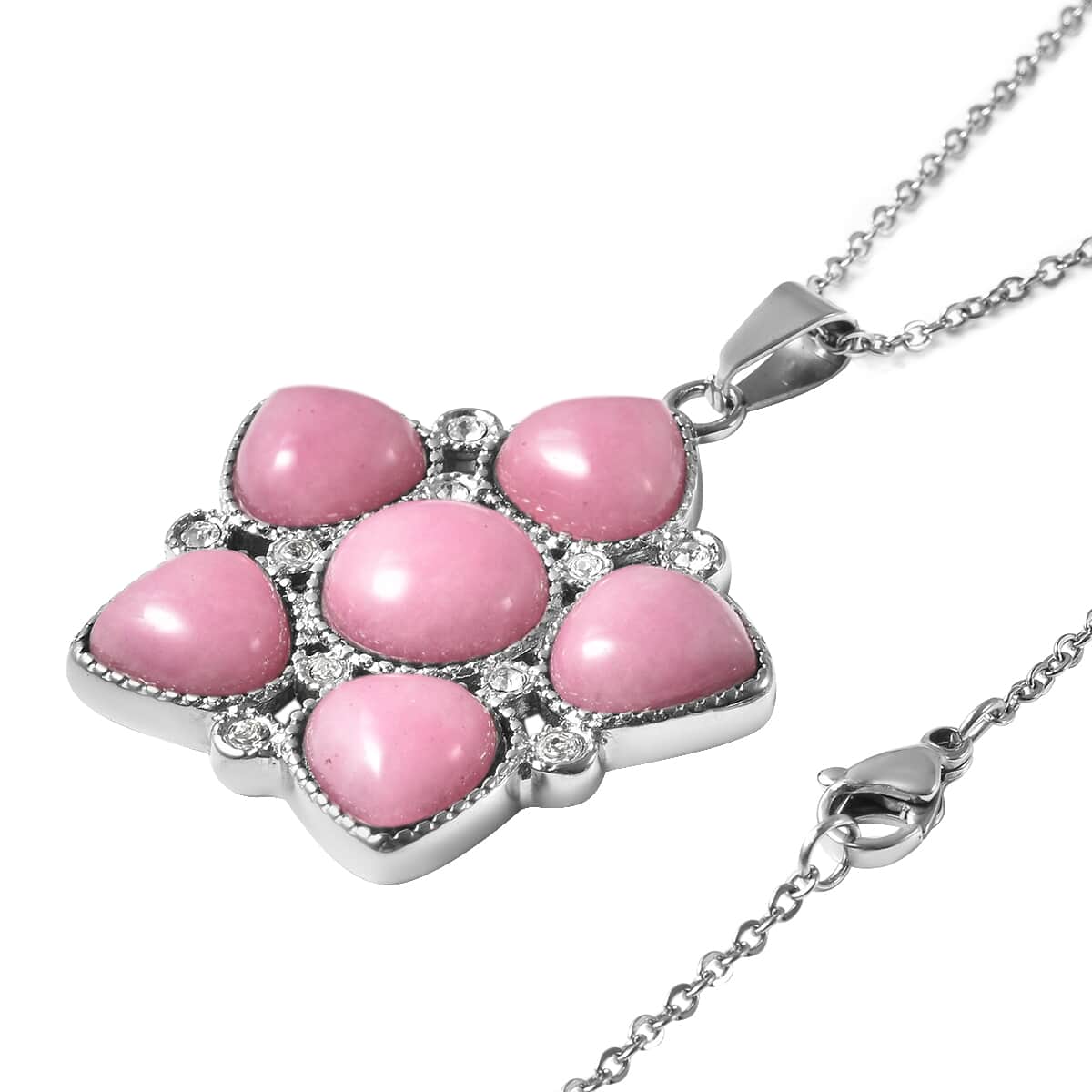 Galilea Rose Quartz and Austrian Crystal Floral Pendant Necklace 20 Inches in Stainless Steel 18.00 ctw image number 3