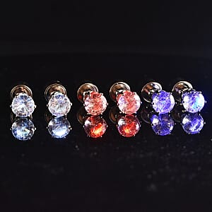 Set of 3 White Austrian Crystal White, Ruby and Sapphire Color LED Stud Earrings in Silvertone