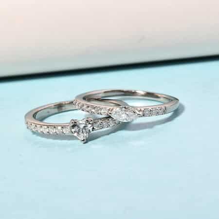 Set of 2 Moissanite Heart and Oval Rings in Platinum Over Sterling Silver (Size 9.0) 0.75 ctw image number 1