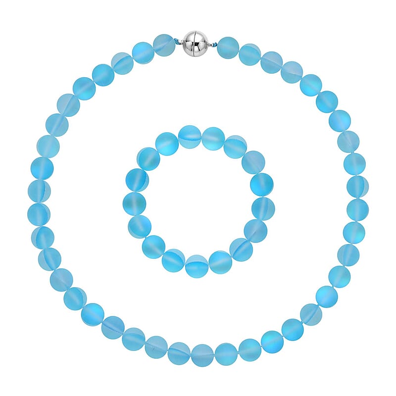 Simulated Aqua Blue Color Mystic Topaz Beaded Stretch Bracelet and Necklace 20 Inches in Silvertone