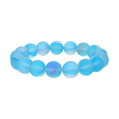 Simulated Aqua Blue Color Mystic Topaz Beaded Stretch Bracelet and Necklace 20 Inches in Silvertone