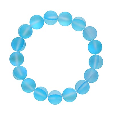 Simulated Aqua Blue Color Mystic Topaz Beaded Stretch Bracelet and Necklace 20 Inches in Silvertone