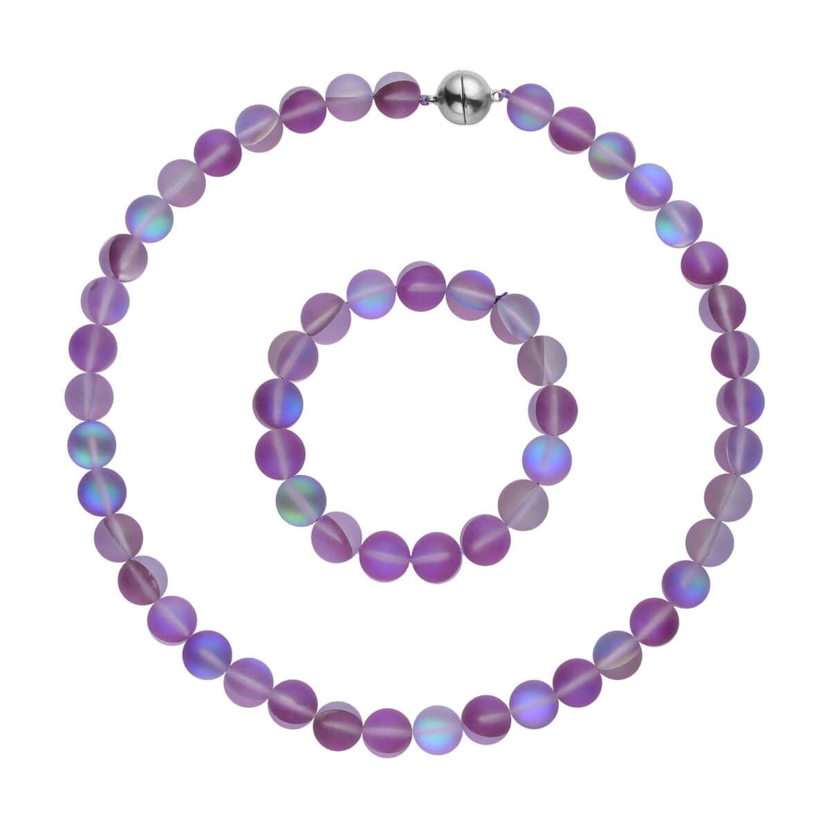 Purple Color Dichroic Glass Beaded Stretch Bracelet and Necklace 20 Inches in Silvertone image number 0