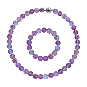 Purple Color Dichroic Glass Beaded Stretch Bracelet and Necklace 20 Inches in Silvertone