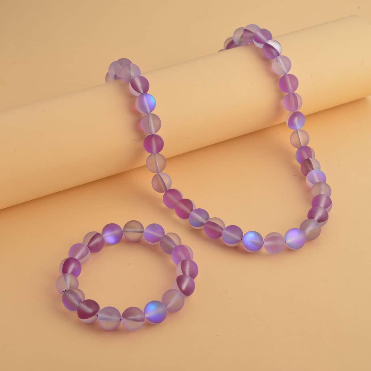 Purple Color Dichroic Glass Beaded Stretch Bracelet and Necklace 20 Inches in Silvertone image number 1