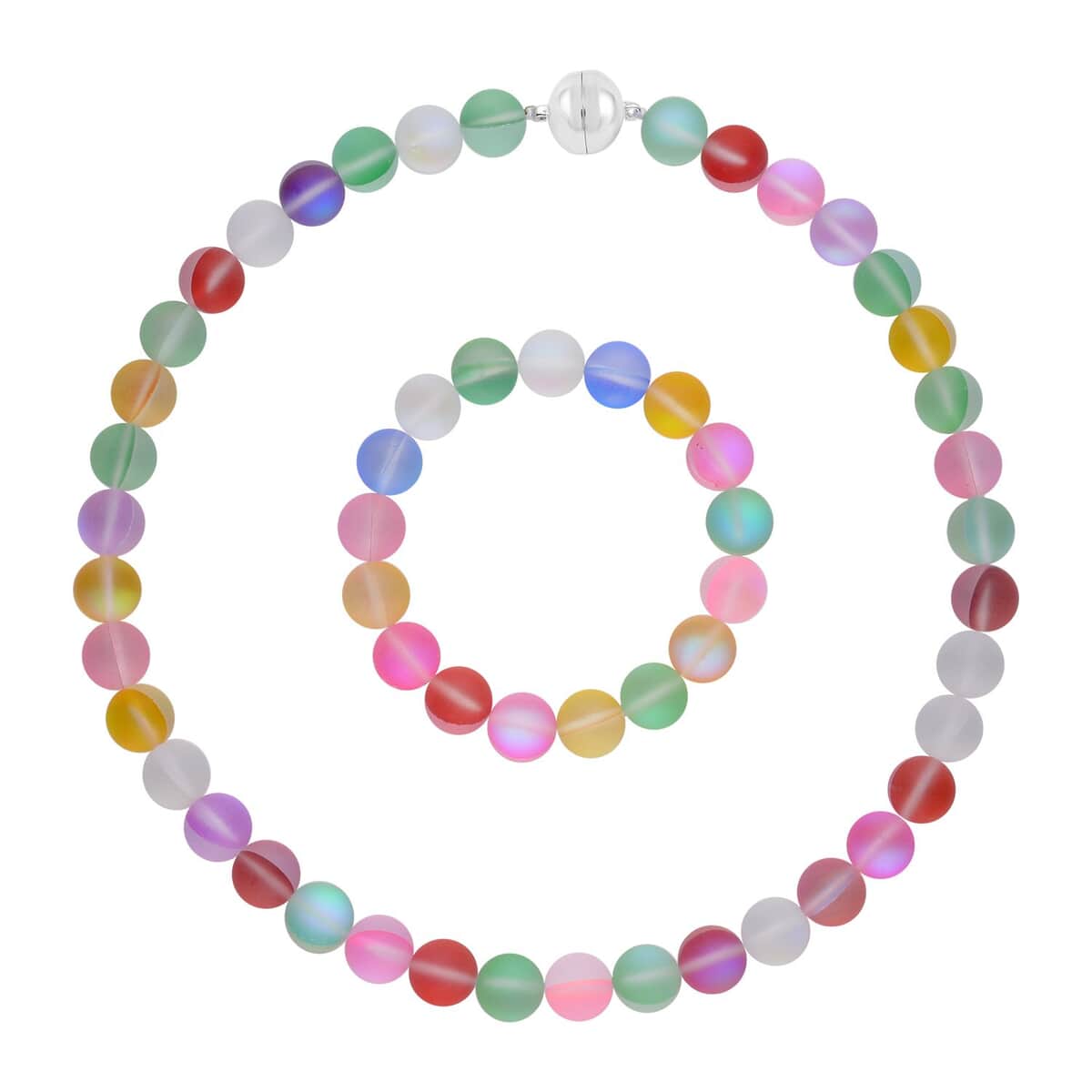 Simulated Multi Color Glass Beaded Stretch Bracelet and Necklace (20 Inches) in Silvertone image number 0