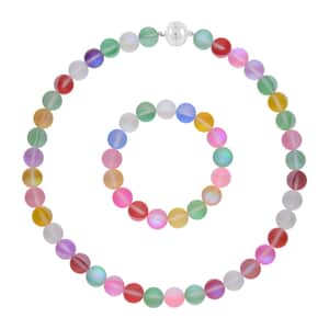 Simulated Multi Color Glass Beaded Stretch Bracelet and Necklace (20 Inches) in Silvertone