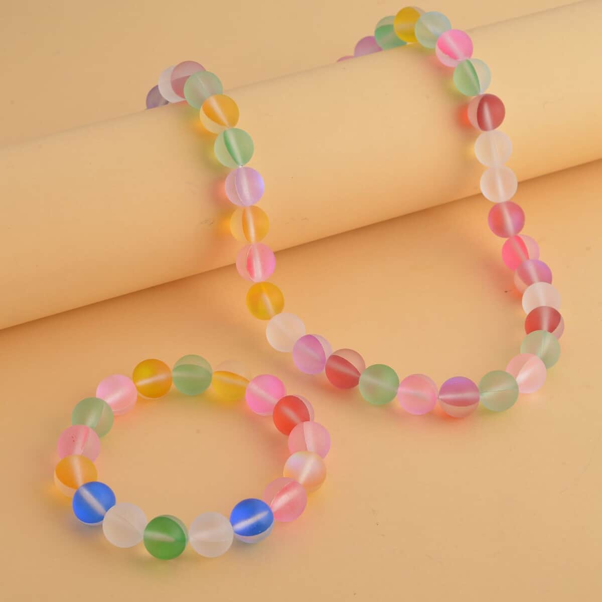 Simulated Multi Color Glass Beaded Stretch Bracelet and Necklace (20 Inches) in Silvertone image number 1