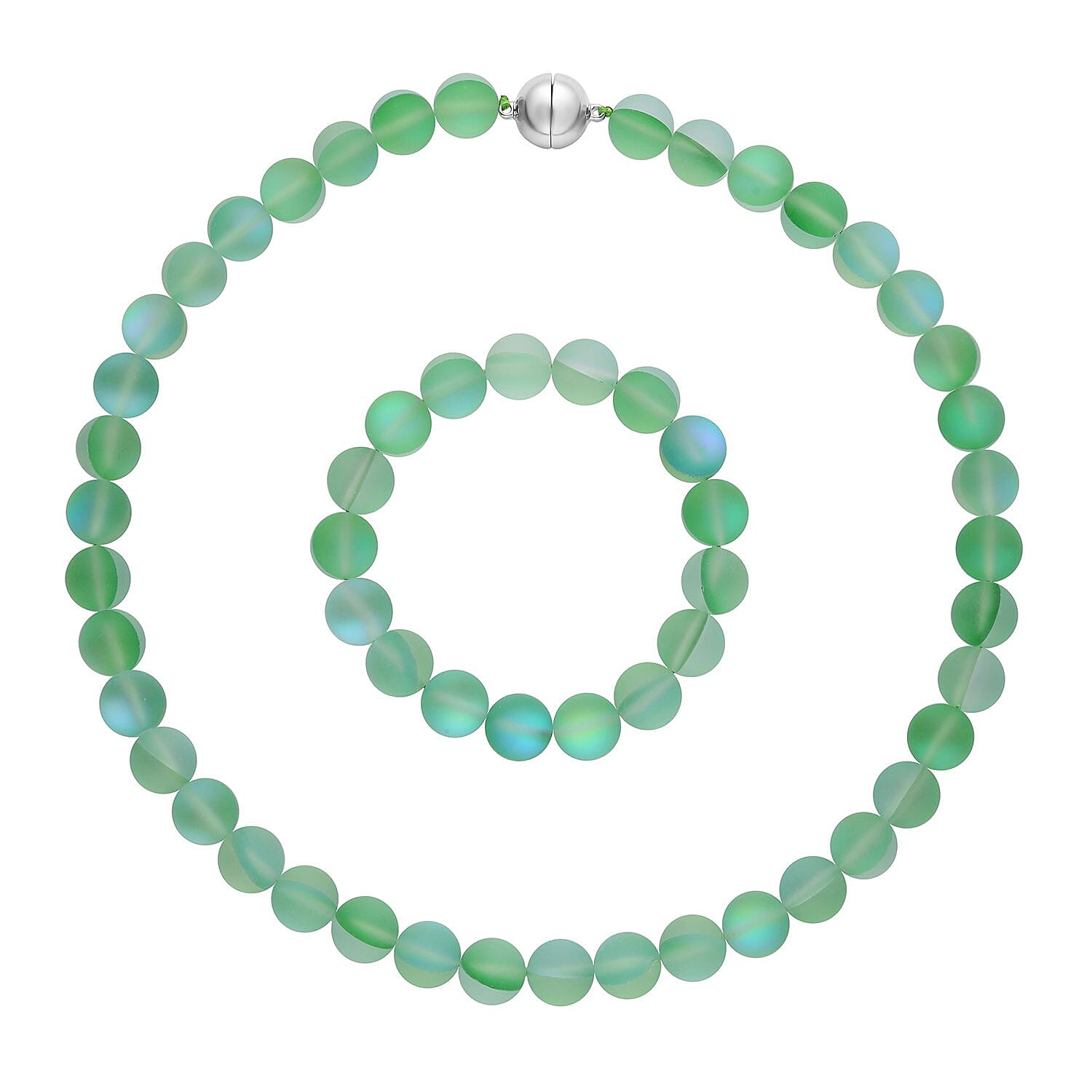 Green Magic Color Glass Beaded Stretch Bracelet and Necklace 20 Inches in Silvertone