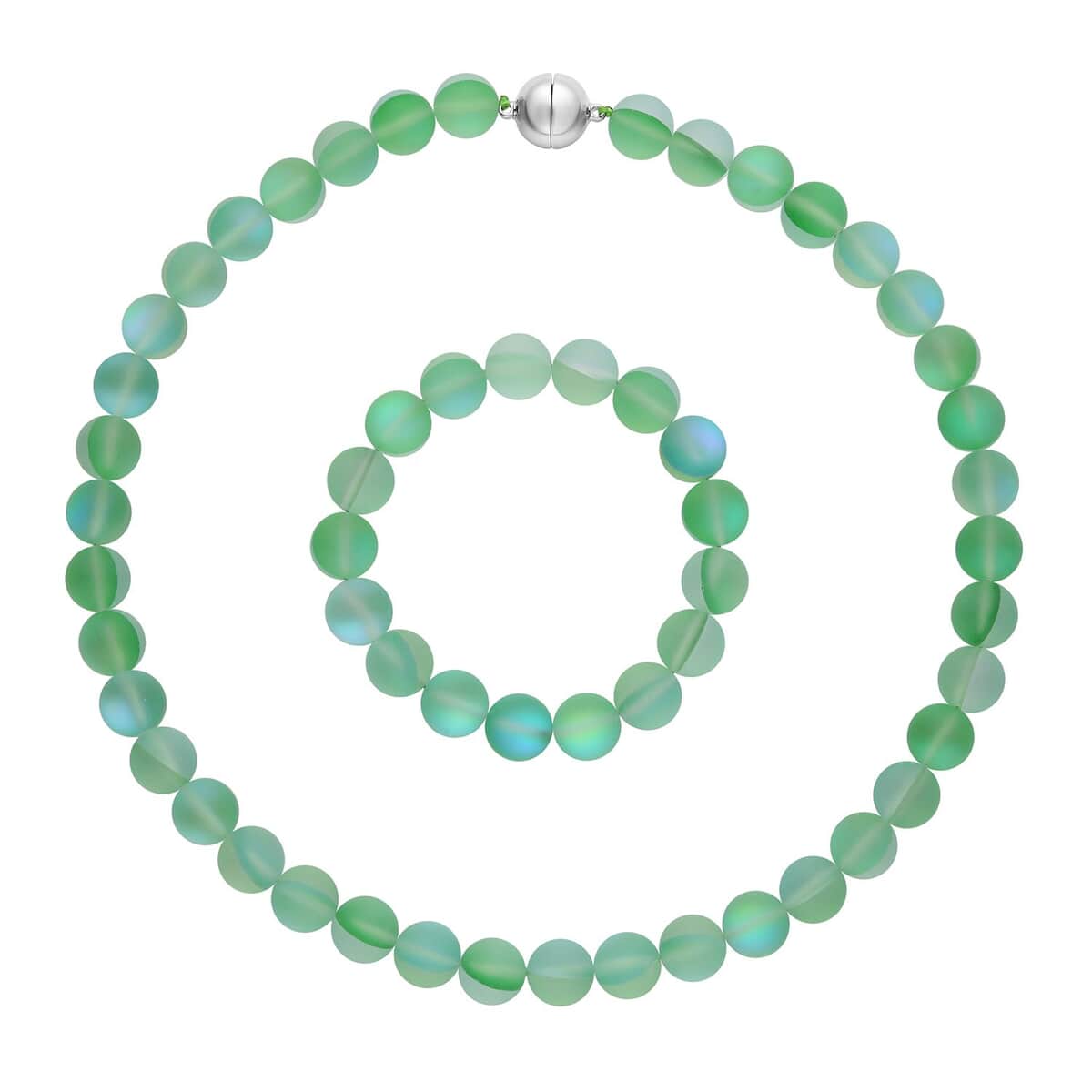 Green Magic Color Glass Beaded Stretch Bracelet and Necklace 20 Inches in Silvertone image number 0