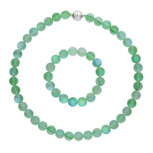 Green Magic Color Glass Beaded Stretch Bracelet and Necklace 20 Inches in Silvertone