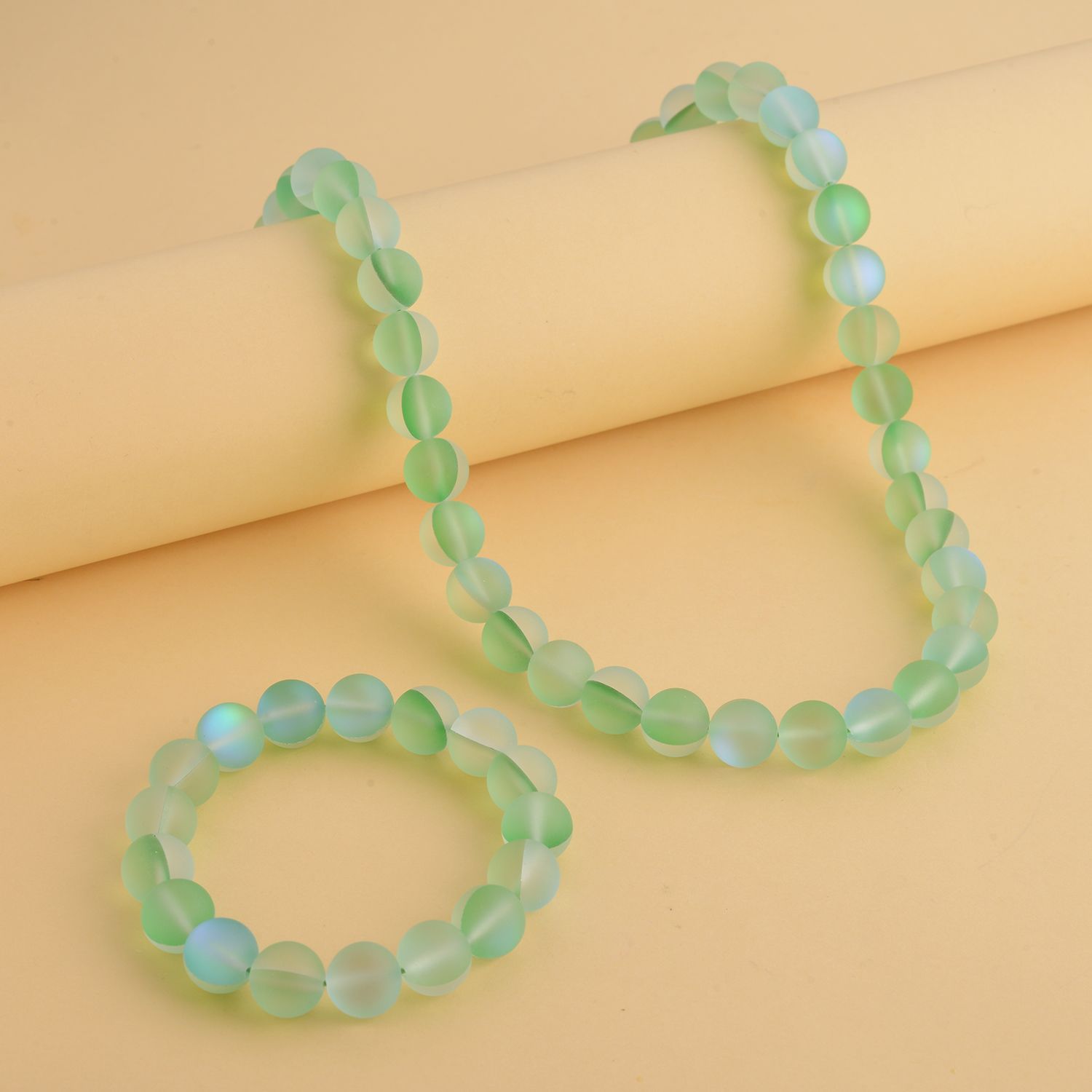Green Magic Color Glass Beaded Stretch Bracelet and Necklace 20 Inches in Silvertone