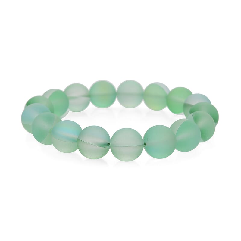 Green Magic Color Glass Beaded Stretch Bracelet and Necklace 20 Inches in Silvertone