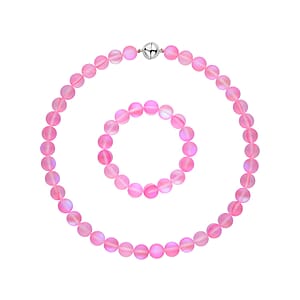 Fuchsia Magic Color Glass Beaded Stretch Bracelet and Necklace 20 Inches in Silvertone