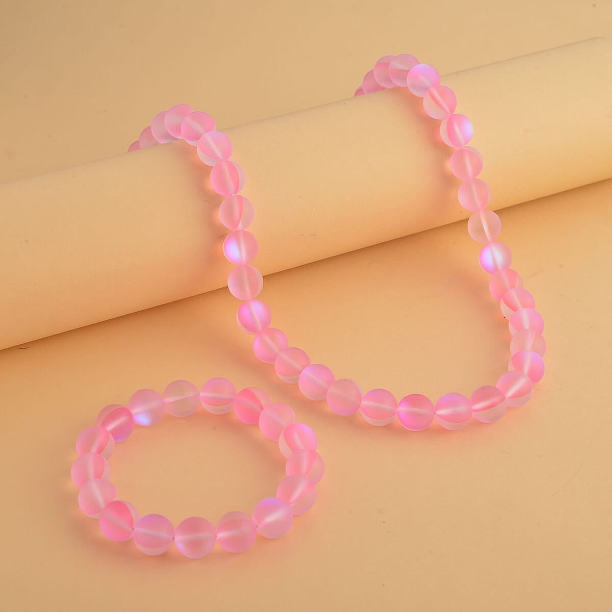 Fuchsia Magic Color Glass Beaded Stretch Bracelet and Necklace 20 Inches in Silvertone image number 1