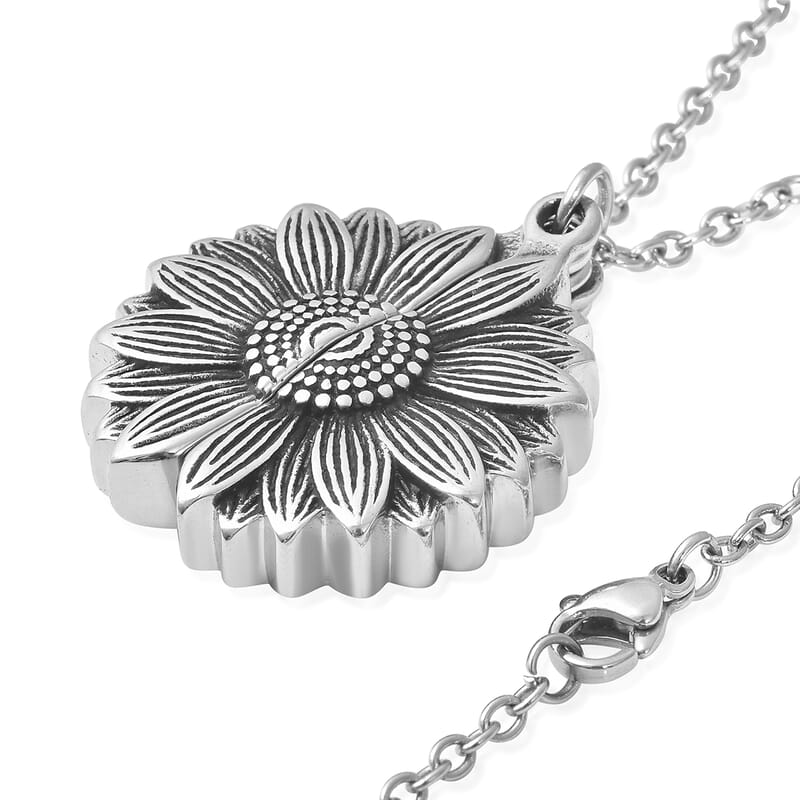 Openable Sunflower Pendant Necklace 20 Inches in Stainless Steel