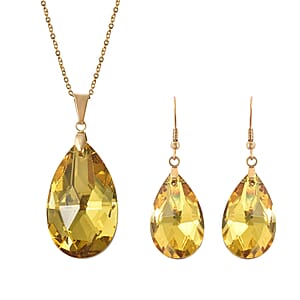 Simulated Yellow Sapphire Drop Earrings and Drop Pendant Necklace 20 Inches in ION Plated Yellow Gold Stainless Steel