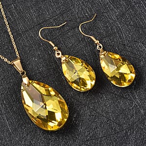 Simulated Yellow Sapphire Drop Earrings and Drop Pendant Necklace 20 Inches in ION Plated Yellow Gold Stainless Steel