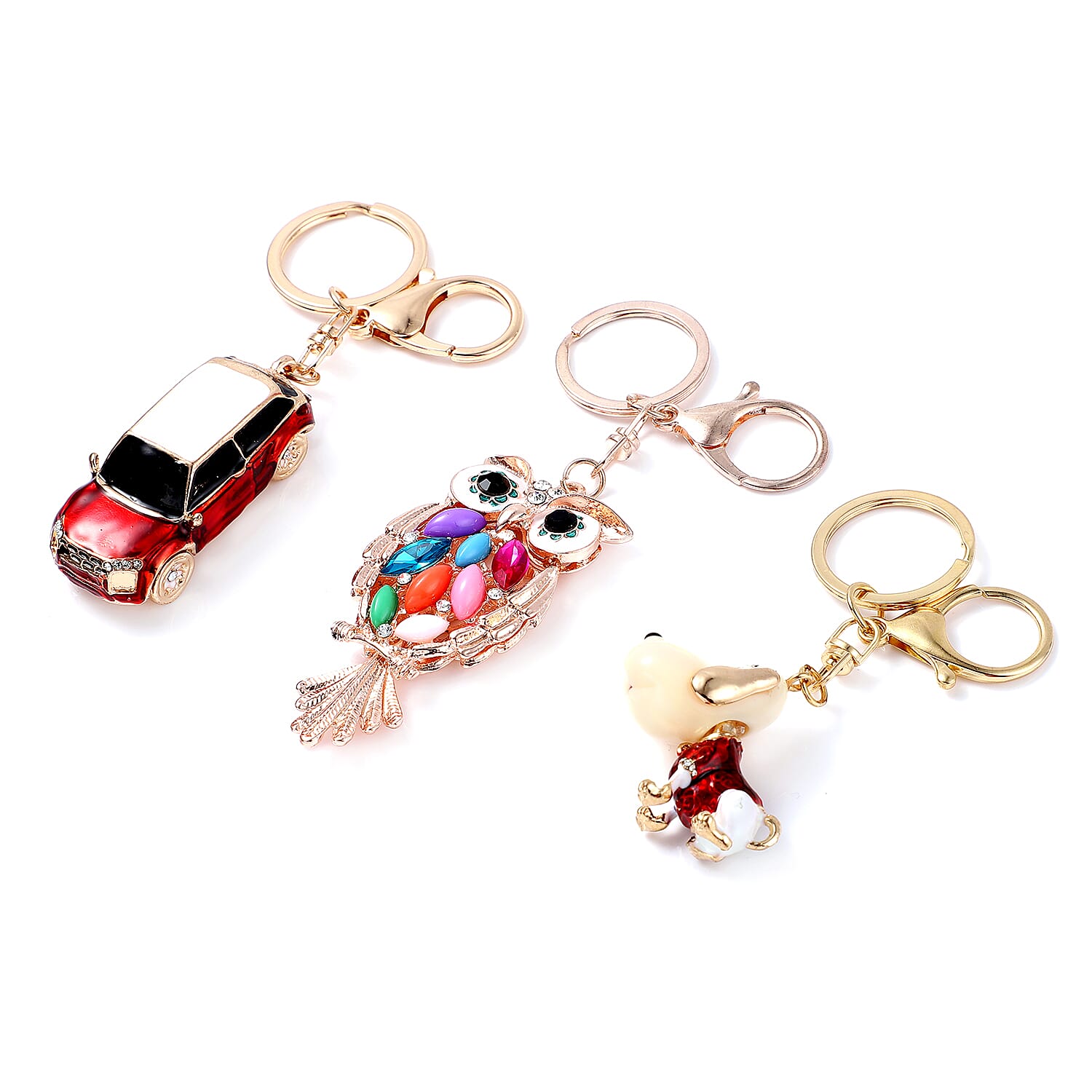 Set of 3 Resin, White and Black Austrian Crystal, Enameled Car, Panda and Owl Keychain in Goldtone and Rosetone 2.30 ctw