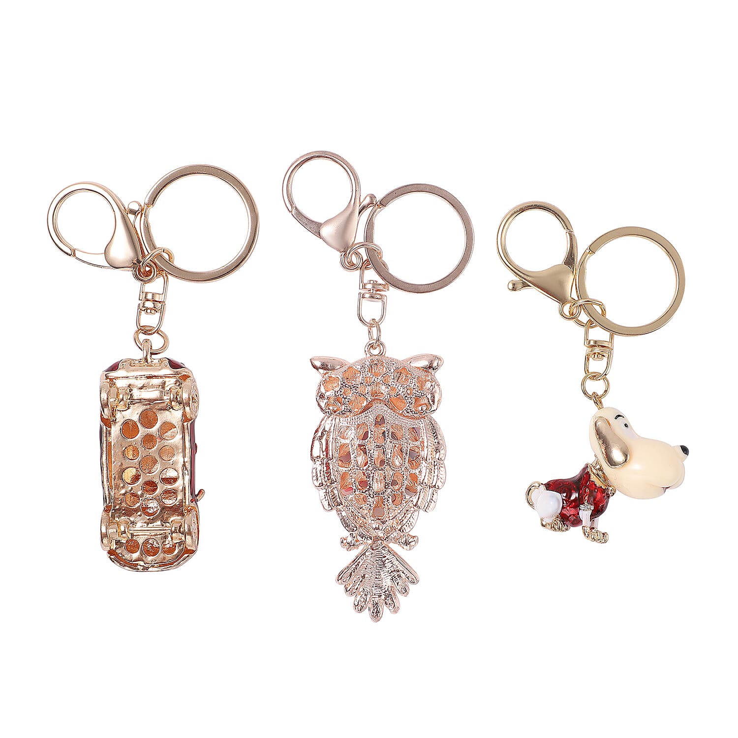 Set of 3 Resin, White and Black Austrian Crystal, Enameled Car, Panda and Owl Keychain in Goldtone and Rosetone 2.30 ctw