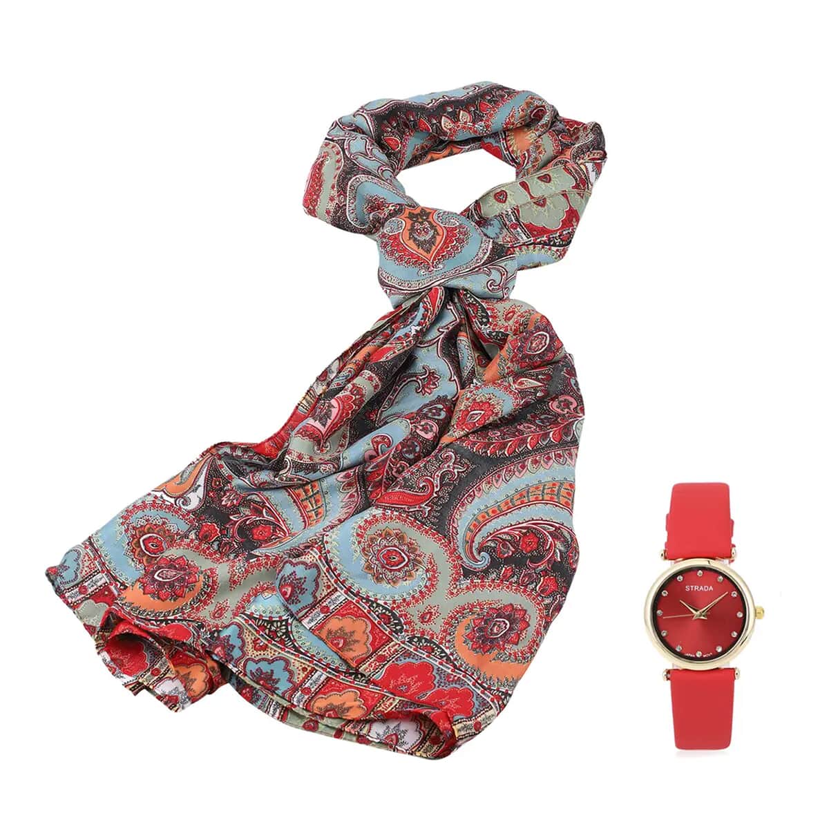 Set of 2 STRADA White Crystal Japanese Movement Watch with Red Vegan Leather Strap and Red Print Polyester Scarf image number 0