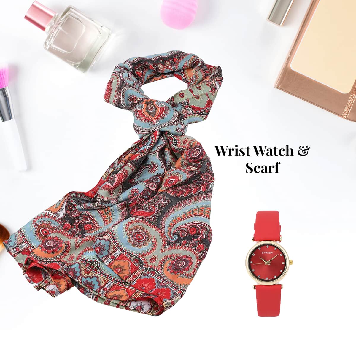 DOORBUSTER STRADA White Crystal Japanese Movement Watch with Red Faux Leather Strap and Blue Print Polyester Scarf (71"x35") image number 1