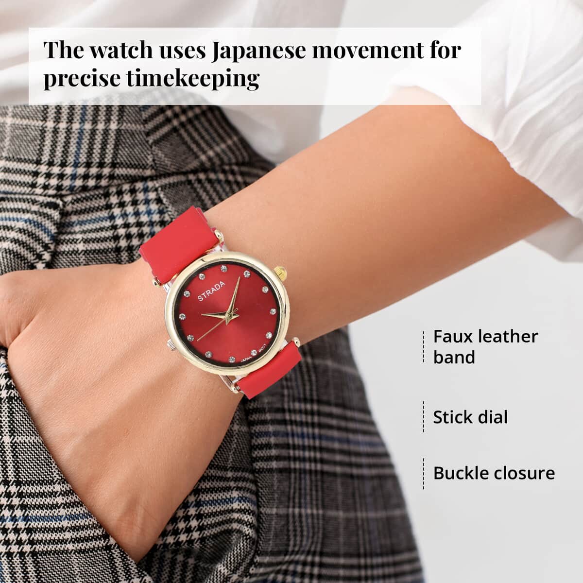 Set of 2 STRADA White Crystal Japanese Movement Watch with Red Vegan Leather Strap and Red Print Polyester Scarf image number 2
