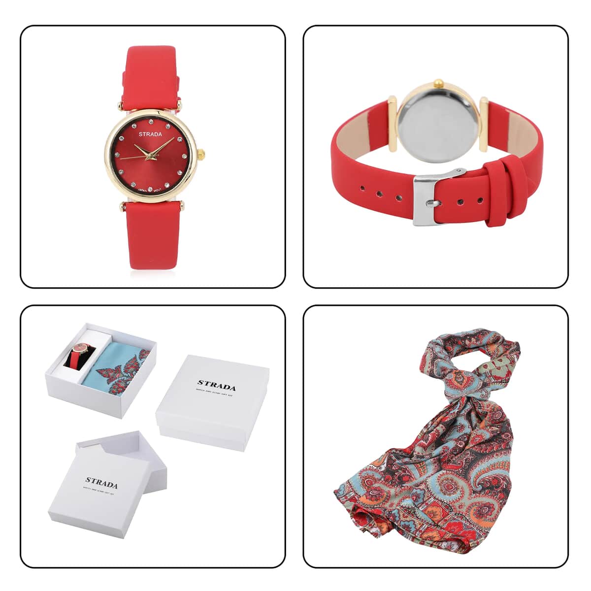 DOORBUSTER STRADA White Crystal Japanese Movement Watch with Red Faux Leather Strap and Blue Print Polyester Scarf (71"x35") image number 6