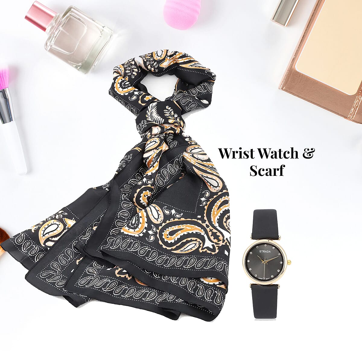 Set of 2 Strada White Crystal Japanese Movement Watch with Black Vegan Leather Strap and Black Print Polyester Scarf image number 1
