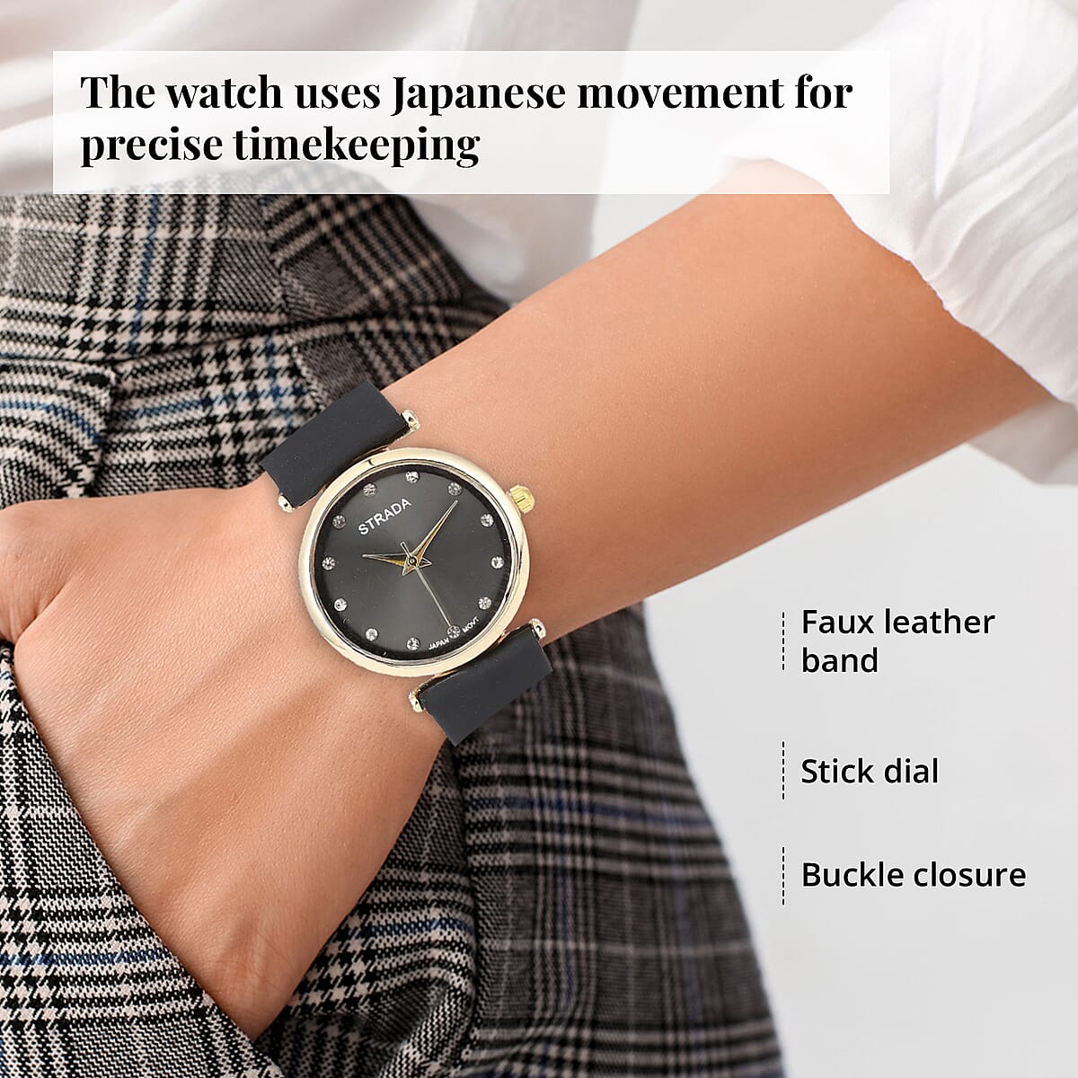Set of 2 Strada White Crystal Japanese Movement Watch with Black Vegan Leather Strap and Black Print Polyester Scarf image number 2