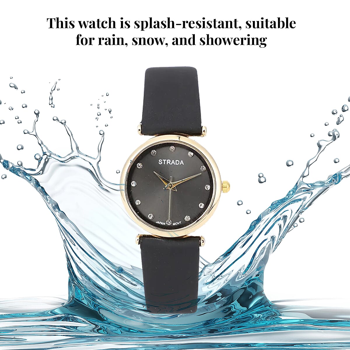 Set of 2 Strada White Crystal Japanese Movement Watch with Black Vegan Leather Strap and Black Print Polyester Scarf image number 4