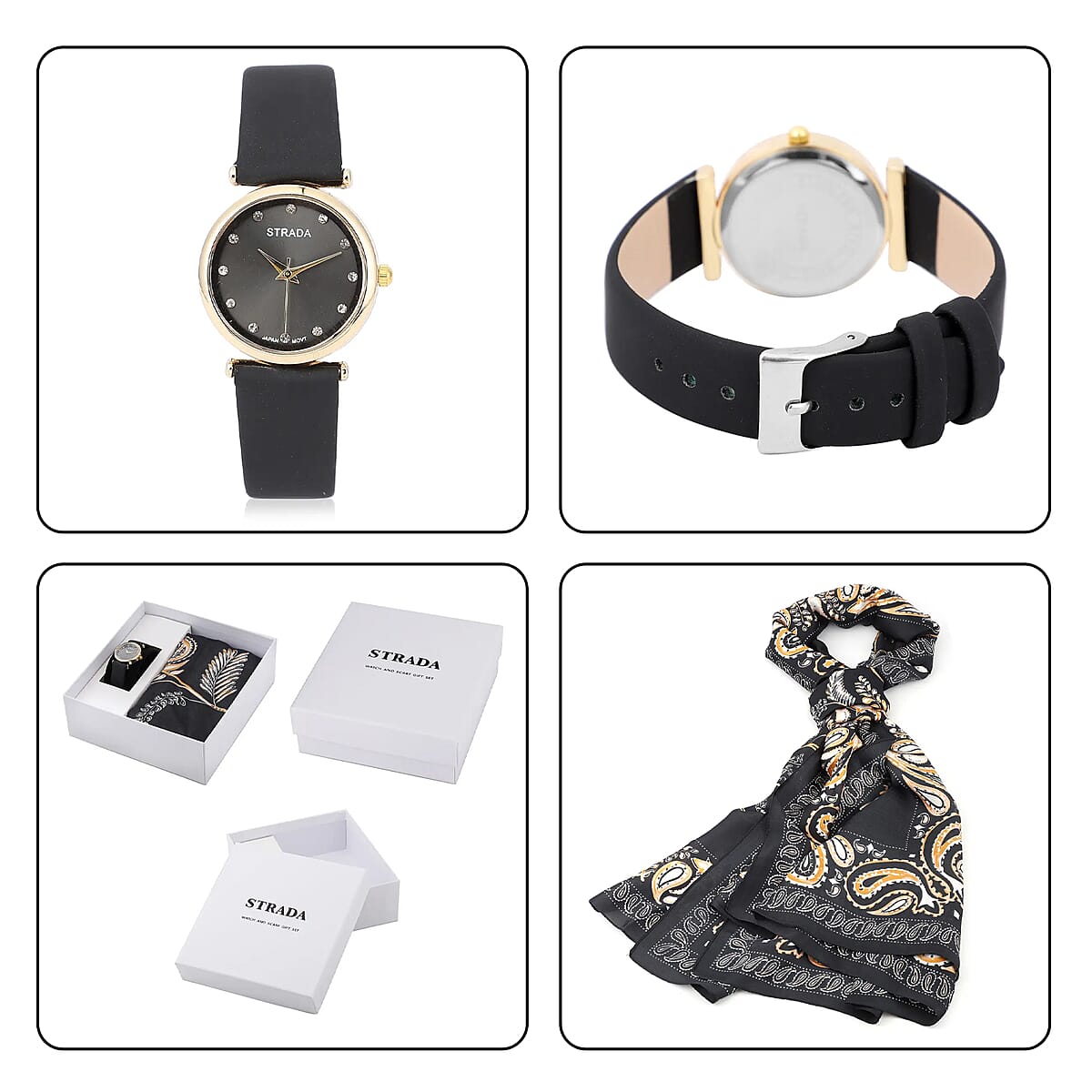 Set of 2 Strada White Crystal Japanese Movement Watch with Black Vegan Leather Strap and Black Print Polyester Scarf image number 6