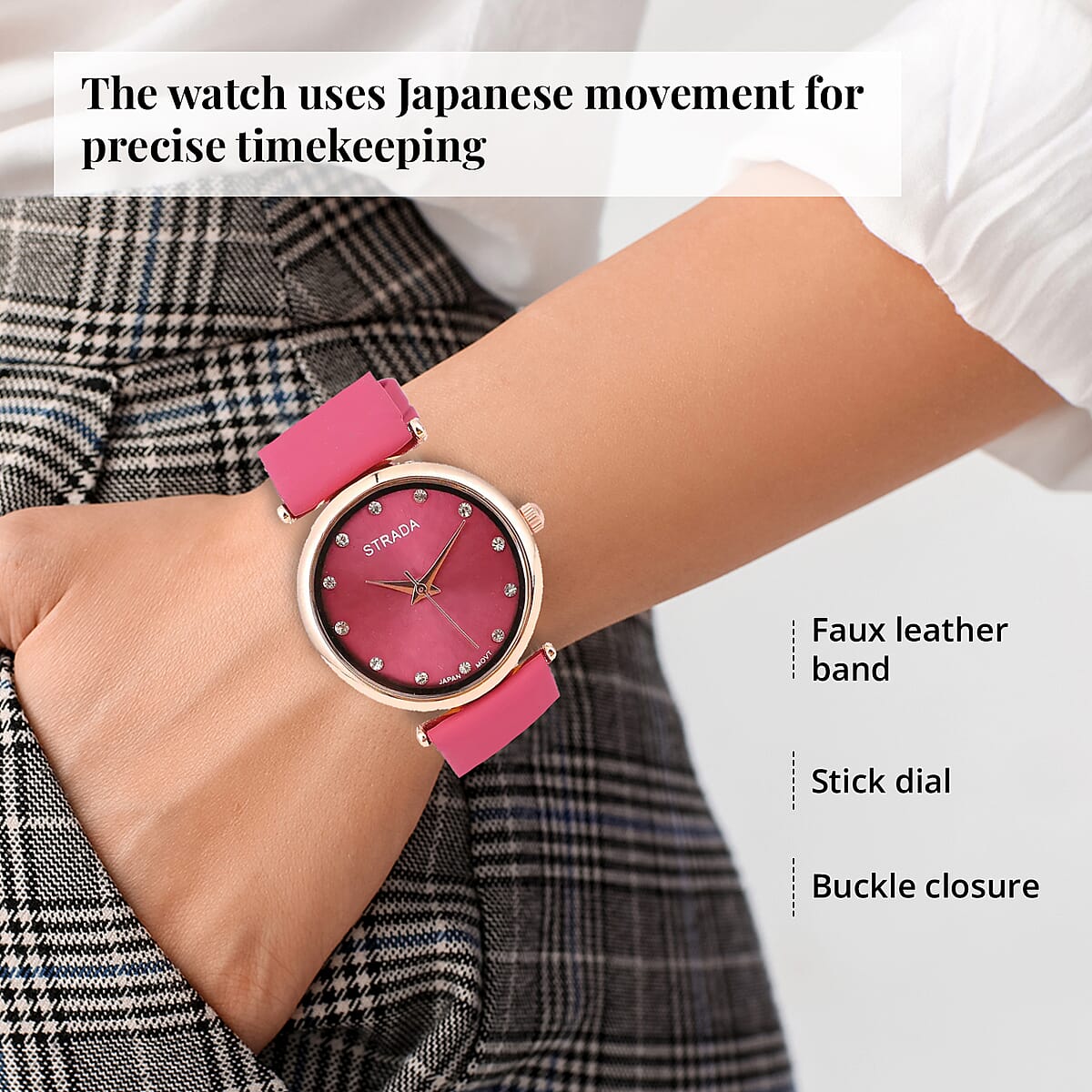 Set of 2 Strada White Crystal Japanese Movement Watch with Rose Vegan Leather Strap and Pink Print Polyester Scarf image number 2
