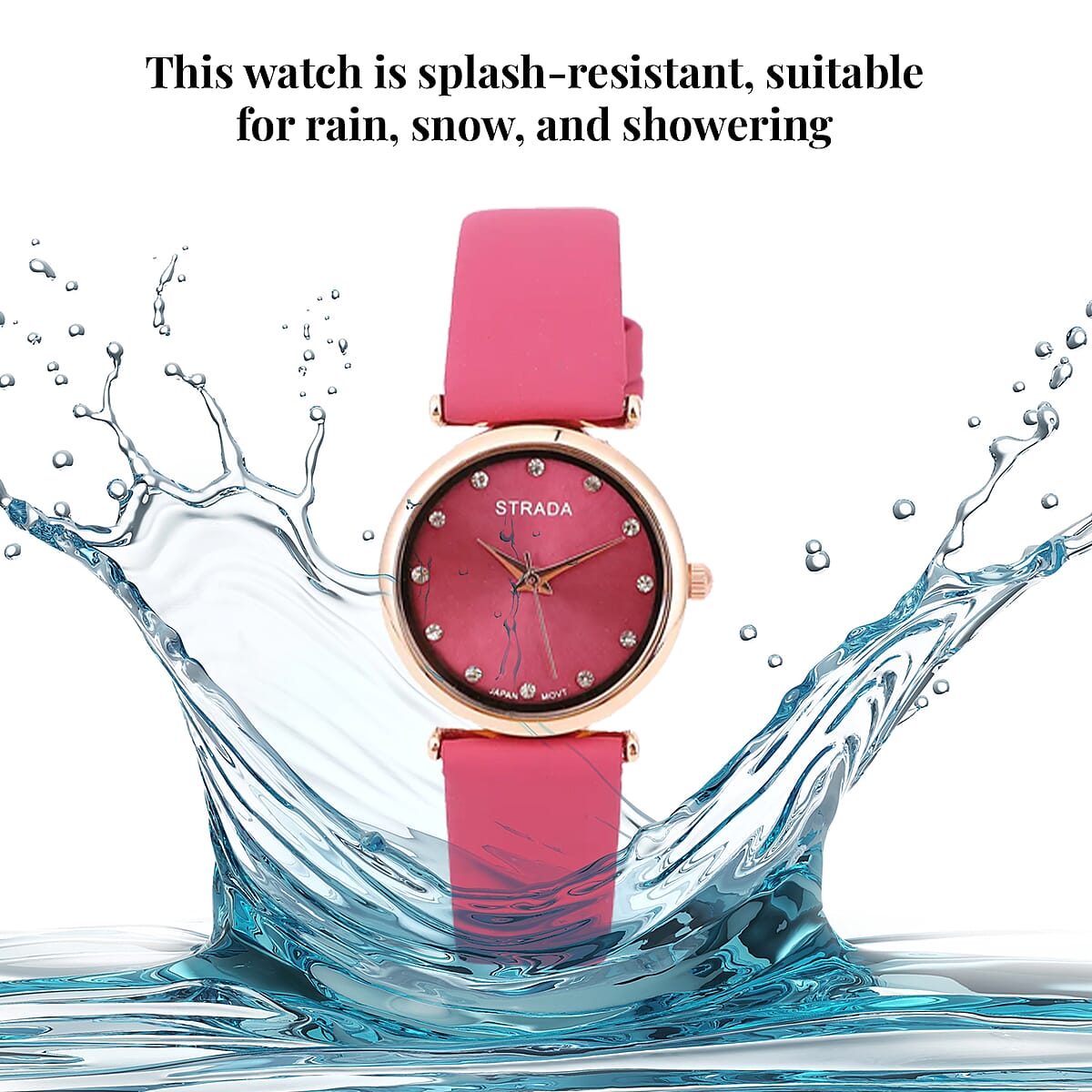 Set of 2 Strada White Crystal Japanese Movement Watch with Rose Vegan Leather Strap and Pink Print Polyester Scarf image number 4